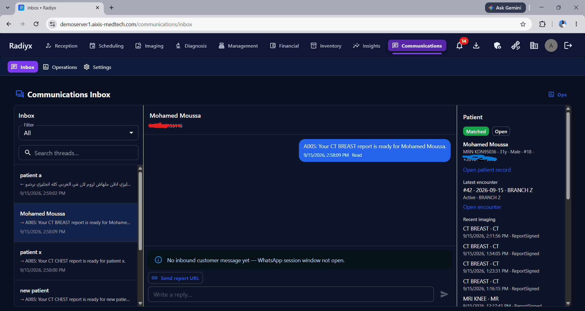 Radiyx Communications inbox connected to the clinical record