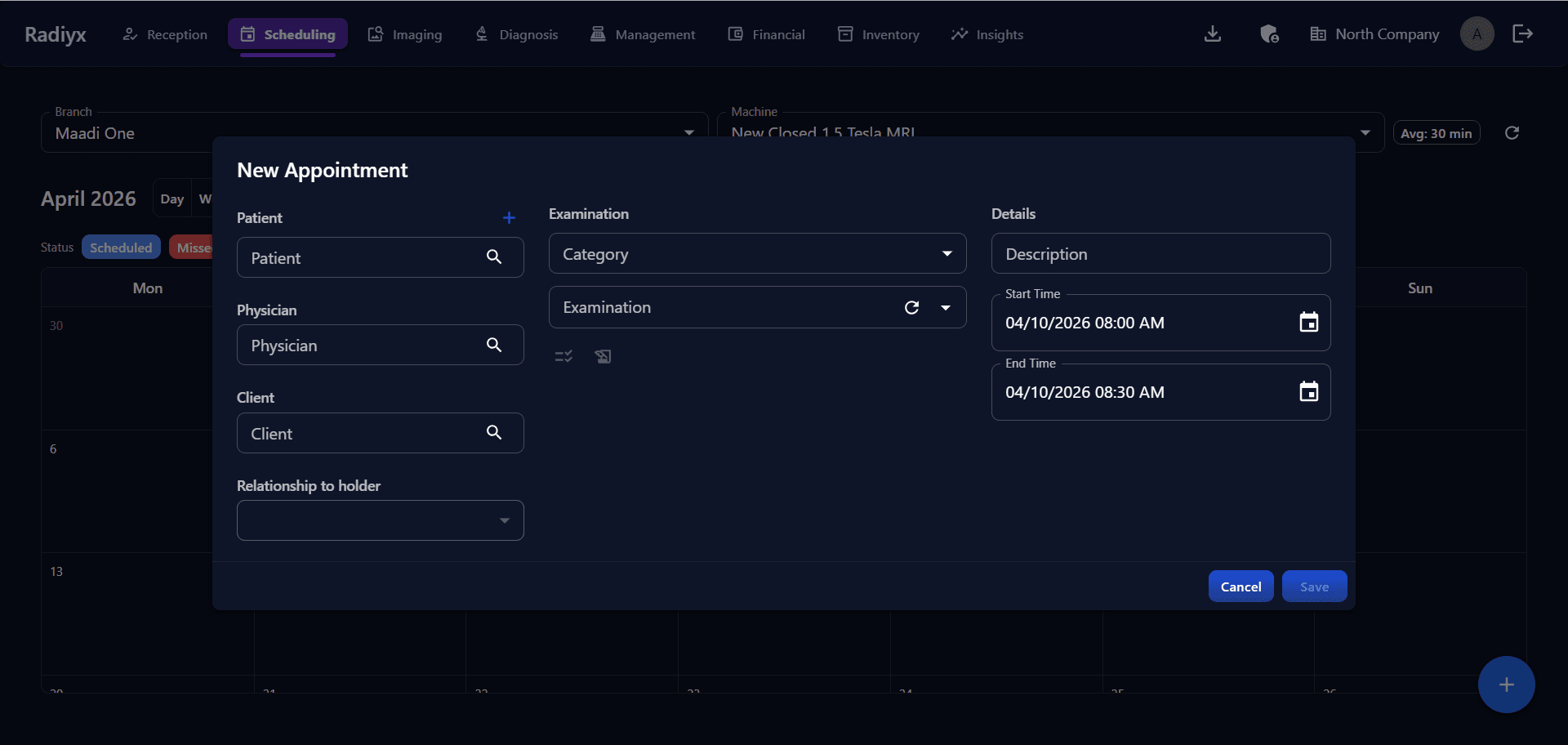 Radiyx RIS New Appointment dialog linking patient, examination, and machine time slot