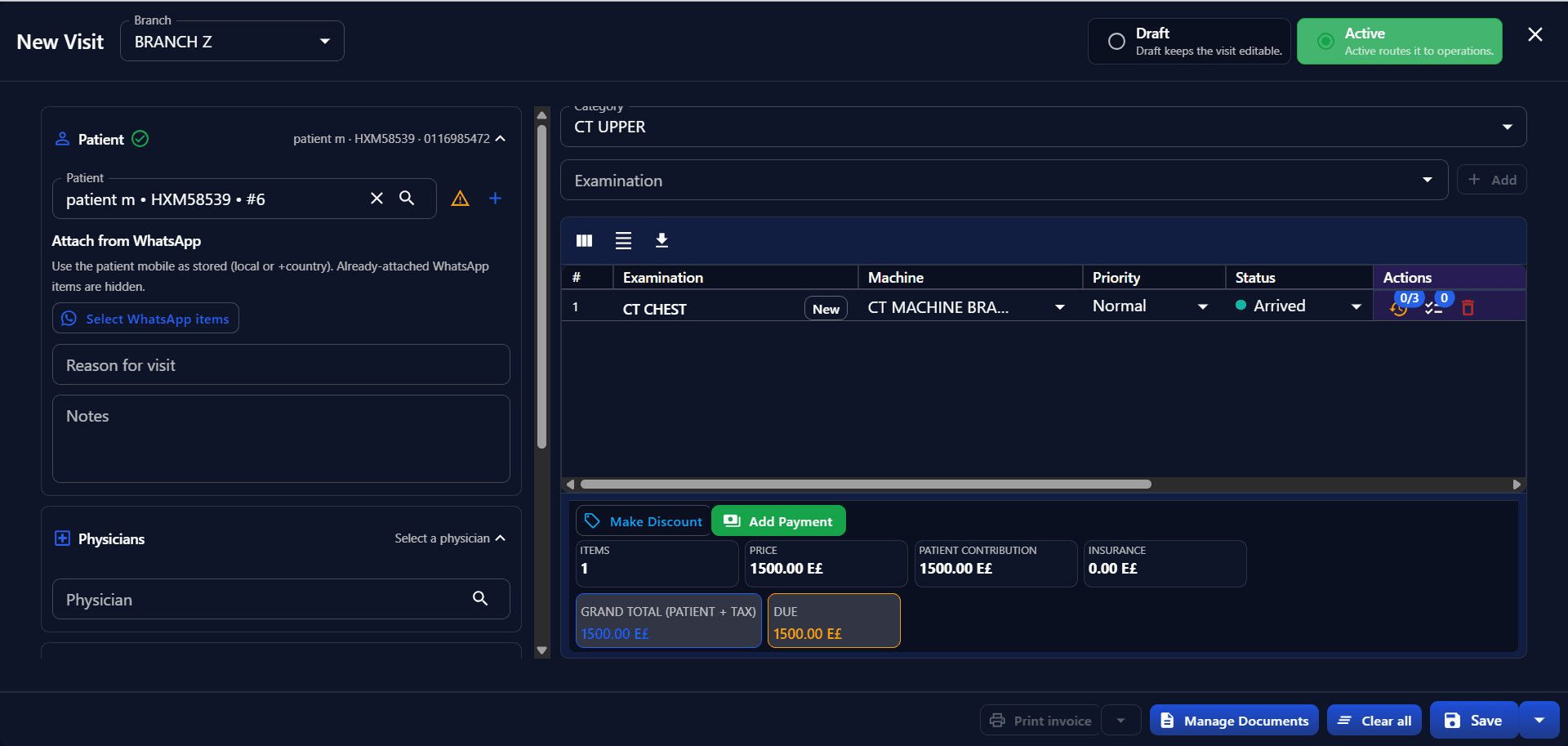 Radiyx RIS New Visit screen with patient, physician, examination, and financial summary
