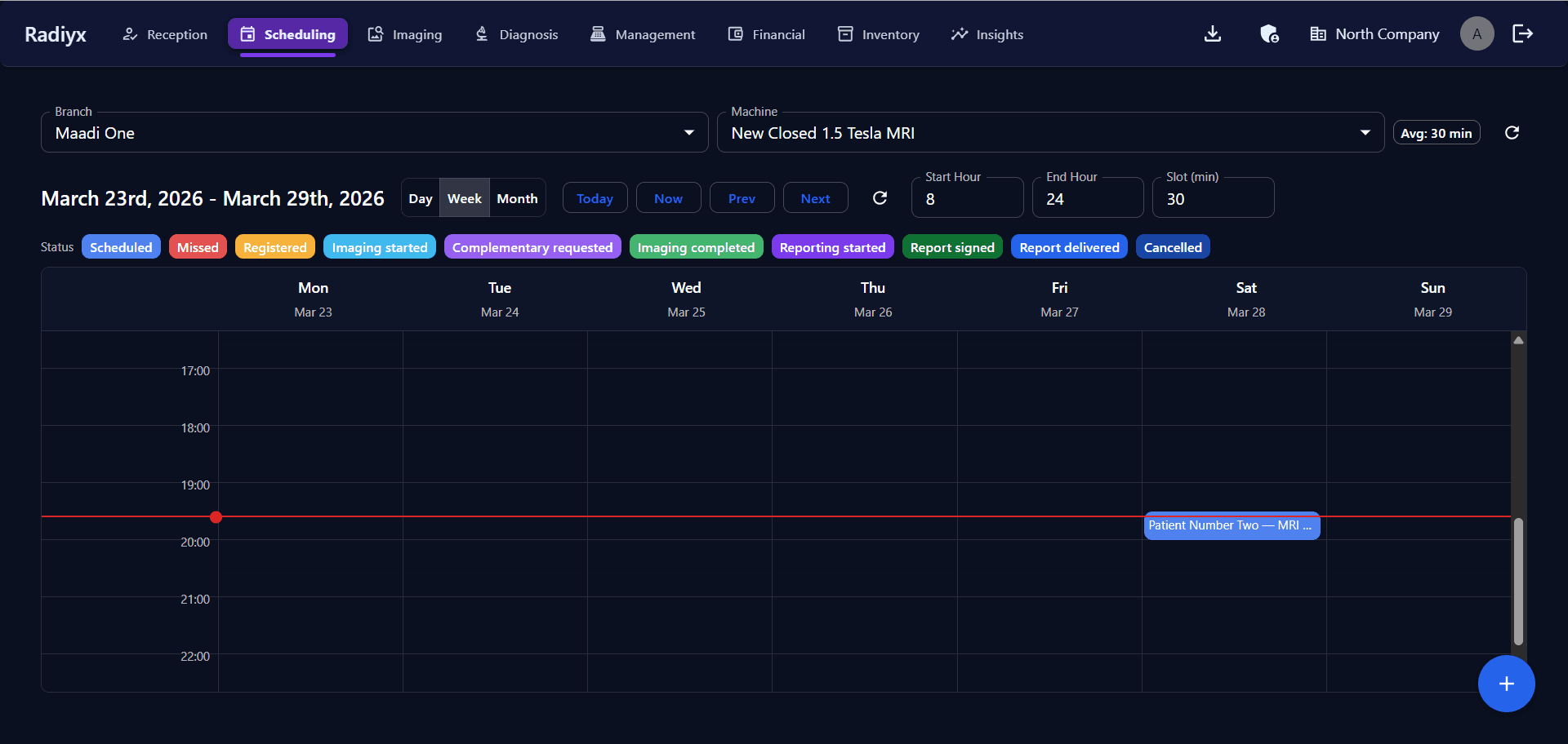 Radiyx RIS scheduling calendar with day, week, and month views and workflow status colors