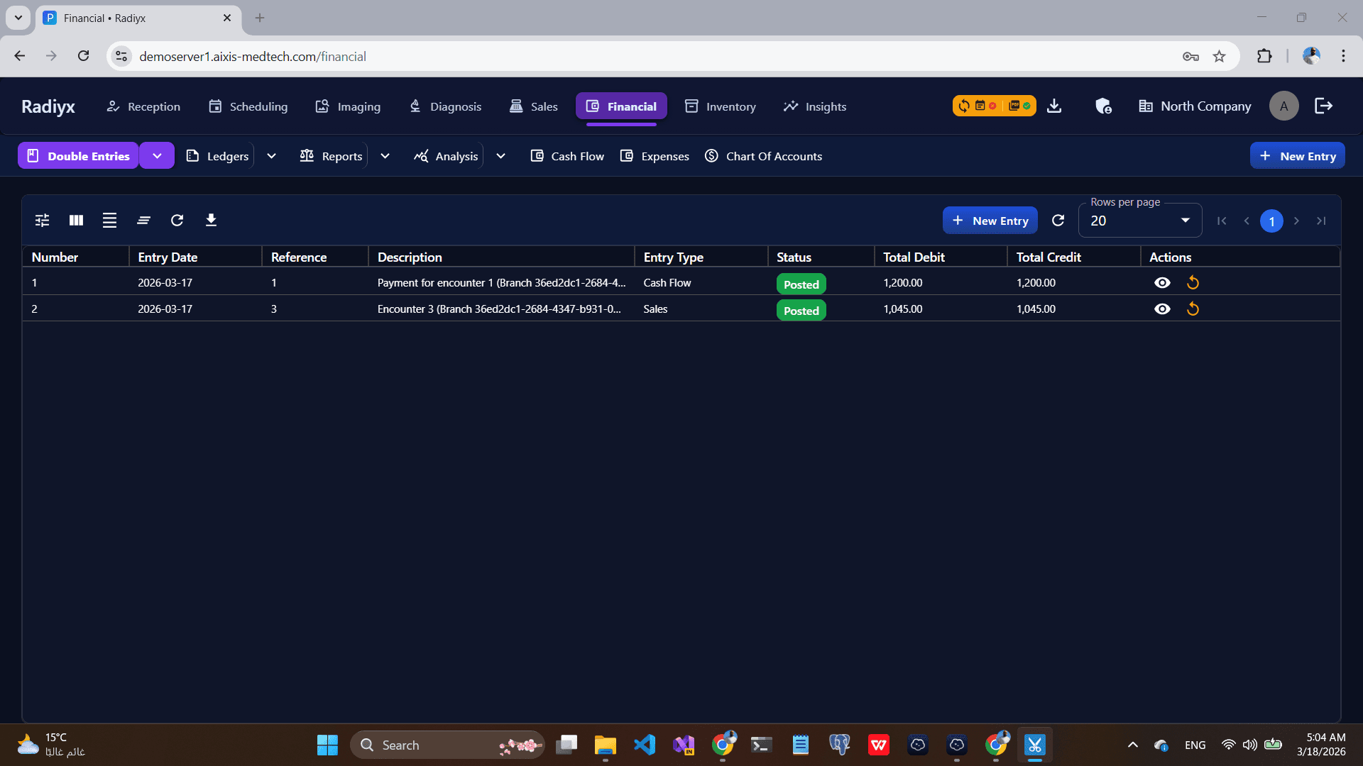 Radiyx Financial Double Entries showing posted journal entries linked to encounters and payments