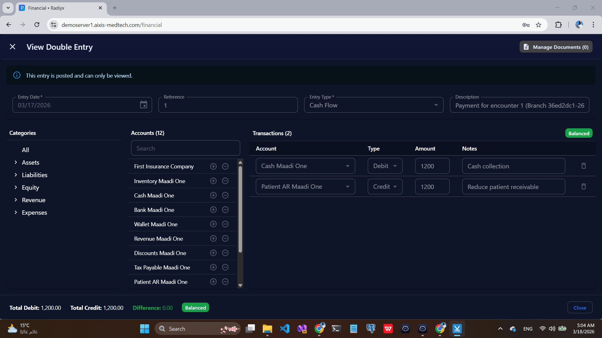 Radiyx Financial View Double Entry with balanced debit and credit lines for a payment
