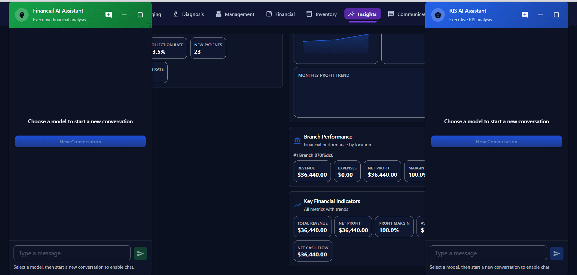 Radiyx Insights Executive Dashboard with AI Assistant chat panel open